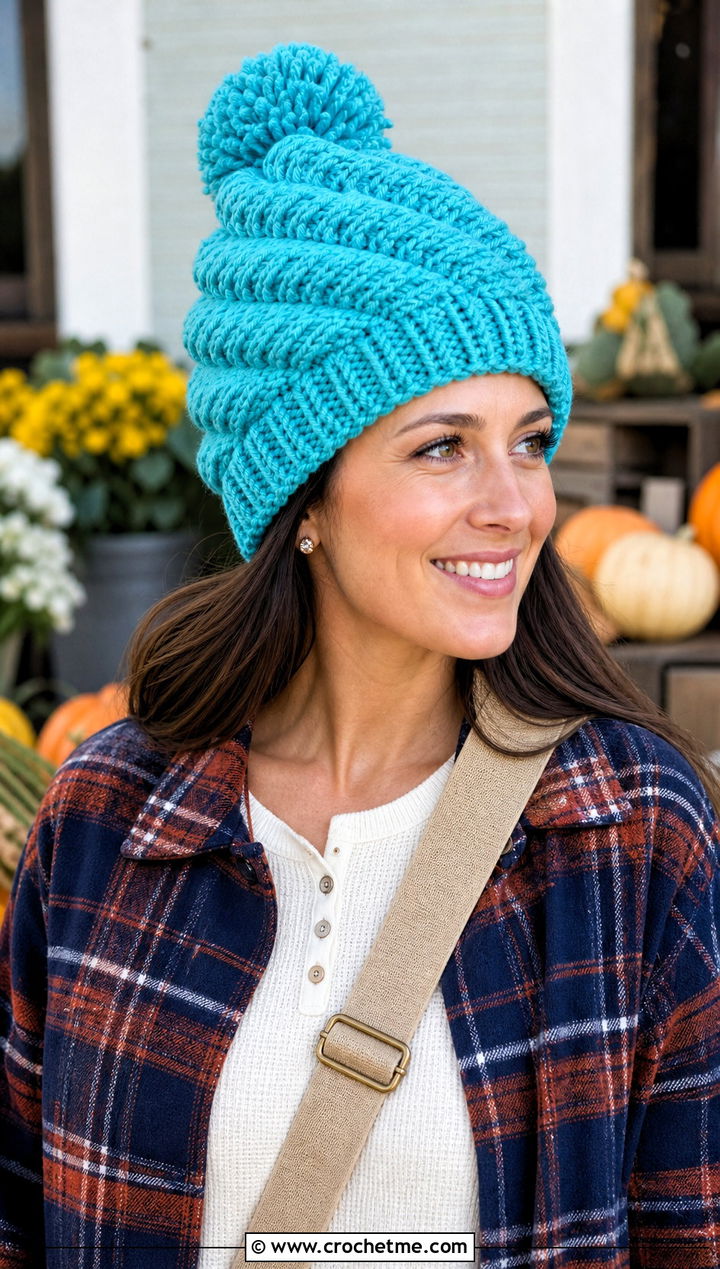 Pom Pom Swirl Beanie With Plaid Shacket - 15 crochet swirl beanie outfit ideas