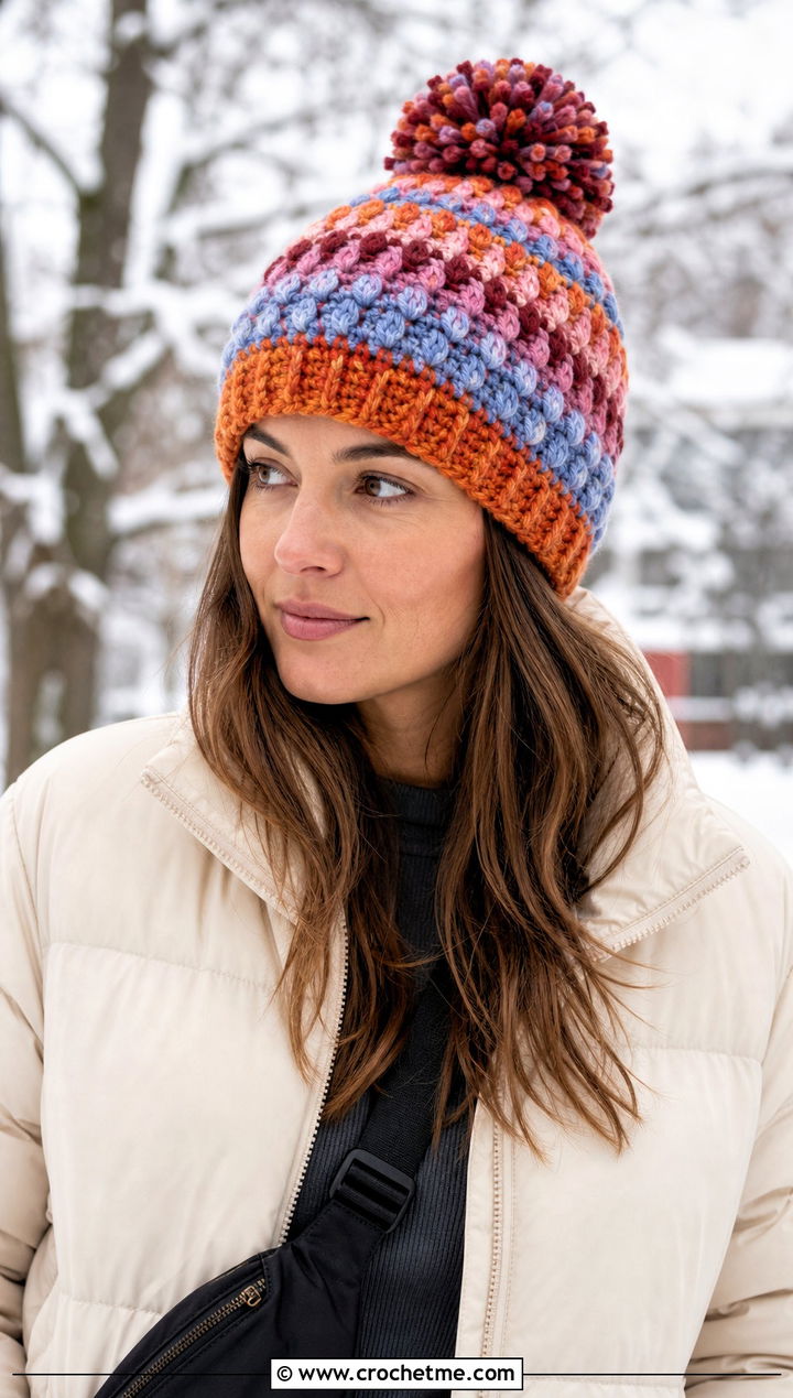 Pom Pom Tempest Crochet Beanie With Puffer Jacket - 15 tempest crochet beanie outfit ideas