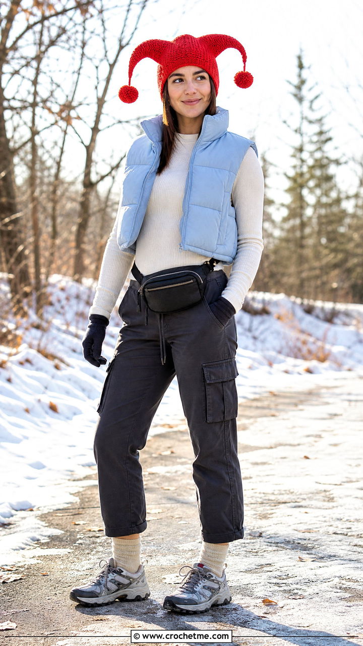 Pom Pom Tip Crochet Jester Hat With Puffer Vest - 35 crochet jester hat outfit ideas