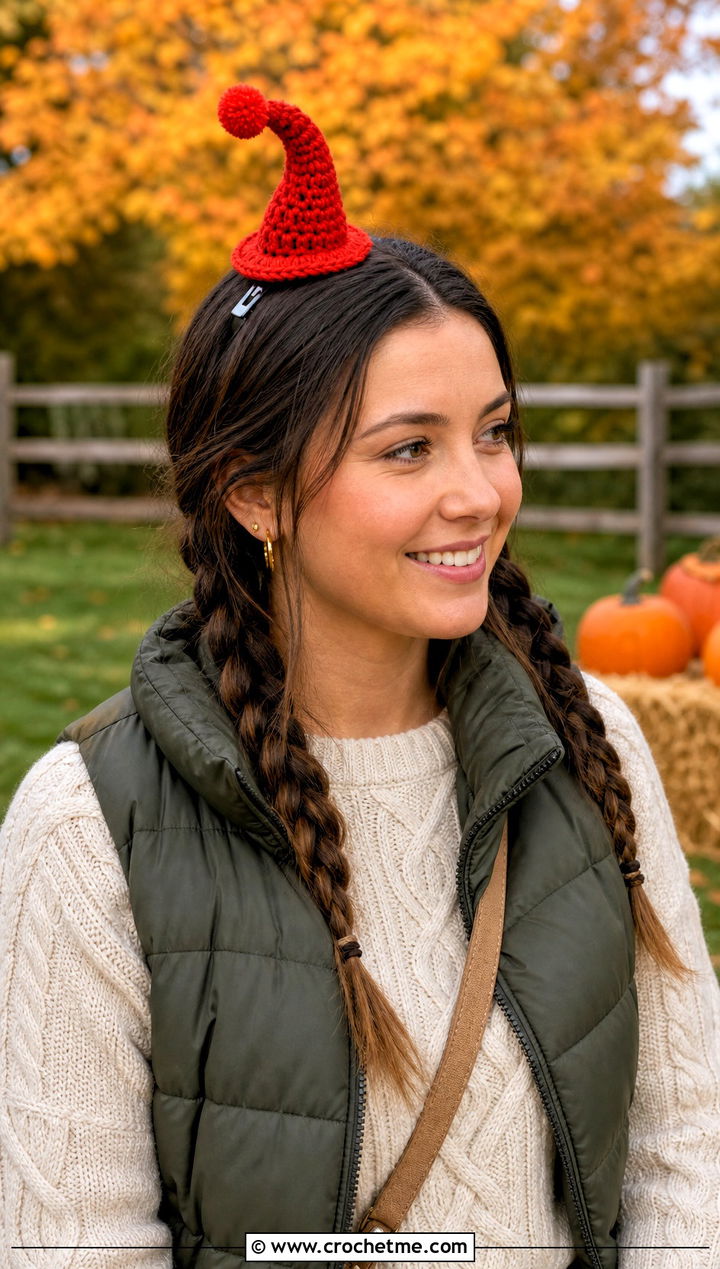 Pom Pom Tip Crochet Mini Witch Hat With Puffer Vest - 25 Crochet Mini Witch Hat outfit ideas