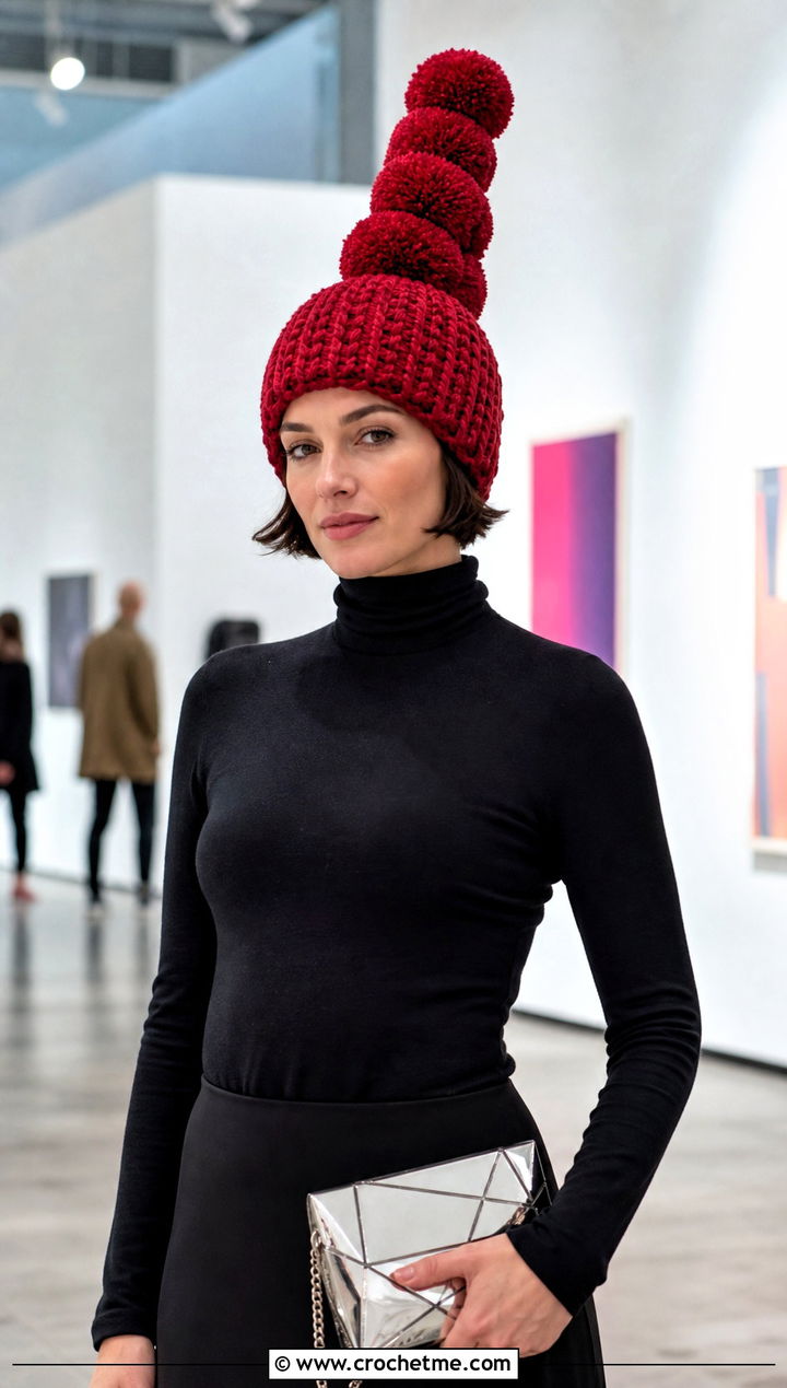 Pom Pom Tower Crochet Hat With Monochrome Outfit - 25 Weird Crochet Hat outfit ideas