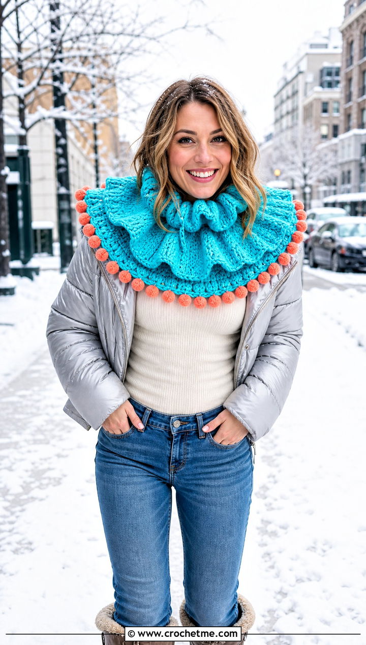 Pom Pom Trim Clown Crochet Ruffle Collar With Puffer Jacket - 25 Clown Crochet Ruffle Collar outfit ideas