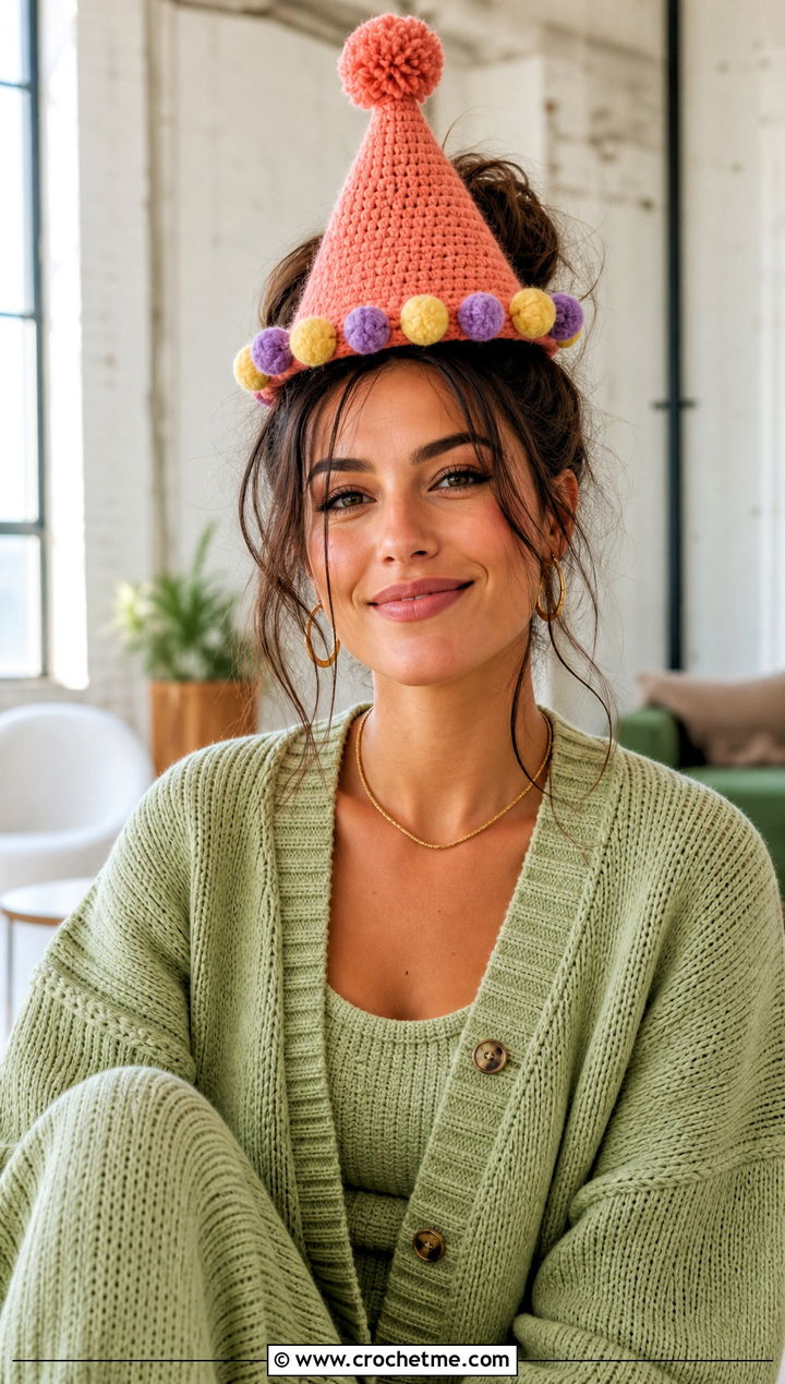 Pom Pom Trim Crochet Birthday Hat With Knit Set - 30 crochet birthday hat outfit ideas