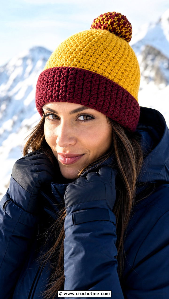 Pom Pom Two Tone Crochet Beanie With Ski Jacket - 15 two tone crochet beanie outfit ideas