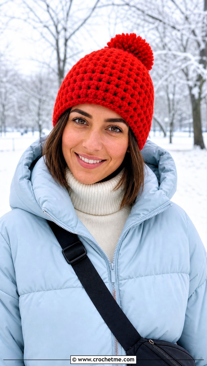 Pom Pom Waffle Crochet Beanie With Puffer Coat - 20 Waffle Crochet Hat outfit ideas