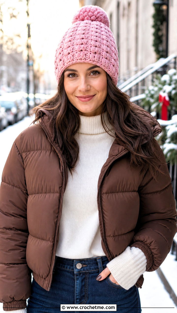 Pom Pom Waffle Crochet Beanie With Puffer Jacket - 20 waffle crochet beanie outfit ideas