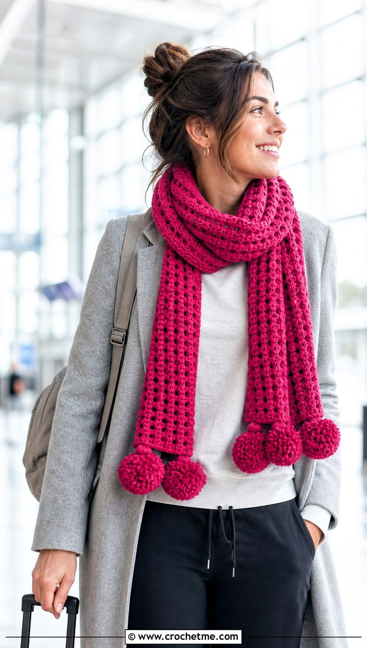 Pom Pom Waffle Crochet Scarf With Sweatshirt - 25 Waffle Crochet Scarf outfit ideas