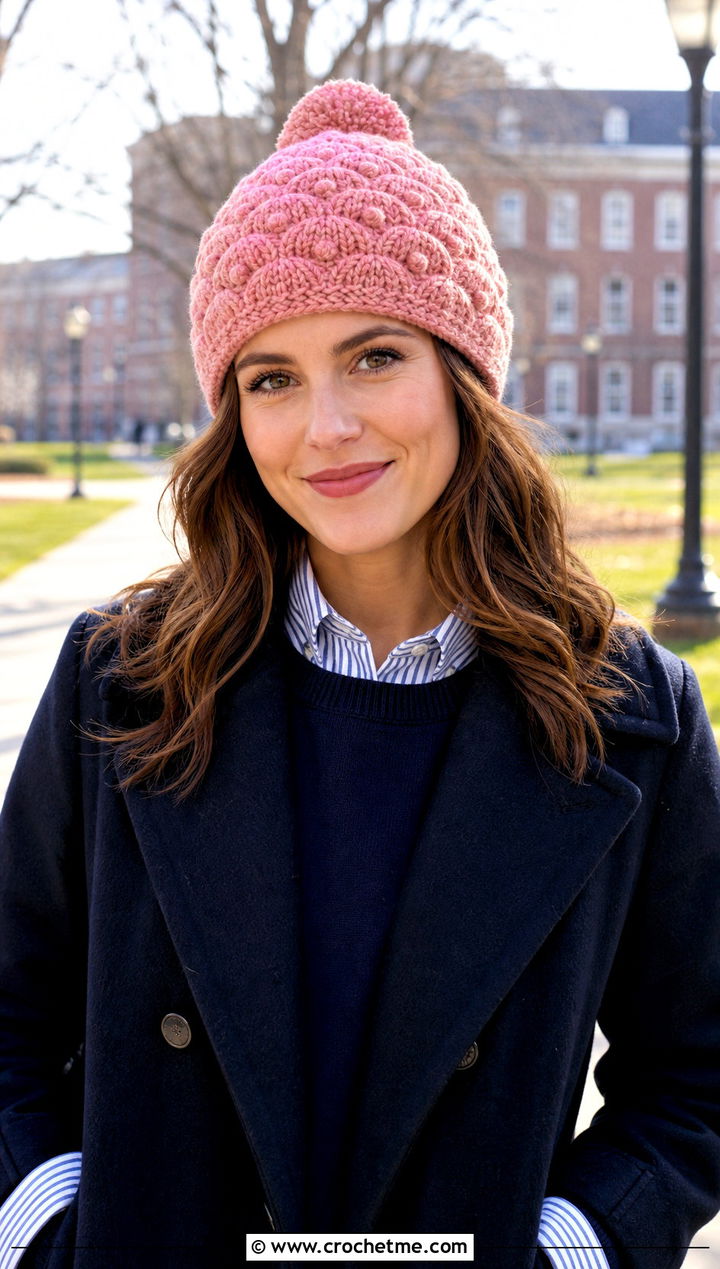 Pom Pom Wavy Crochet Beanie With Preppy Layers - 20 Wavy Crochet Beanie outfit ideas