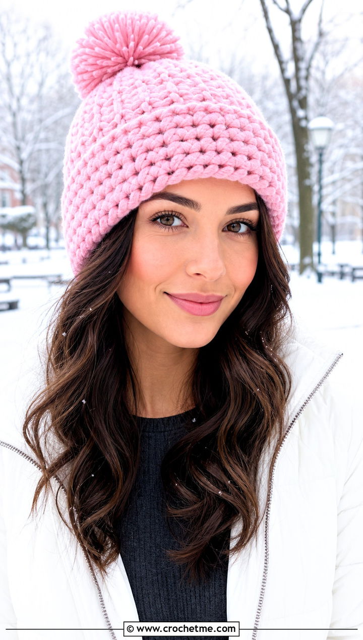 Pom Pom Wool Ease Crochet Beanie With Puffer Jacket - 25 Wool Ease Crochet Hat outfit ideas