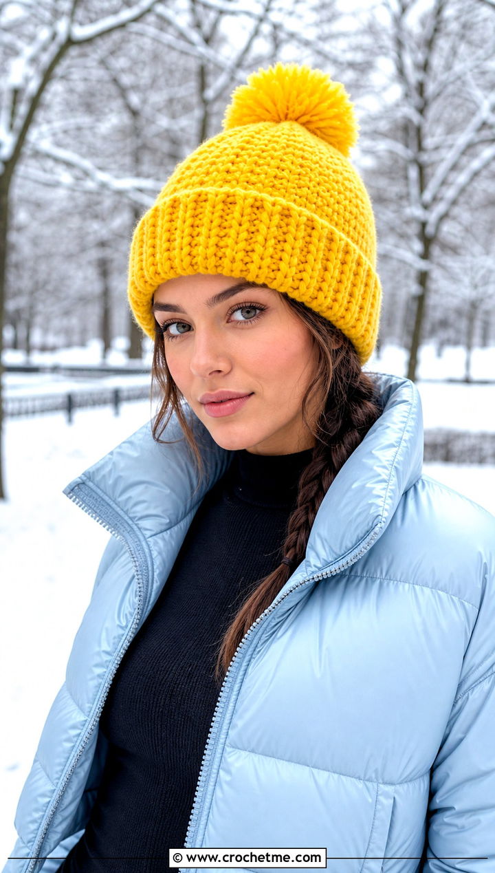 Pom Pom Worsted Crochet Beanie With Puffer Jacket And Leggings - 15 Worsted Crochet Beanie outfit ideas
