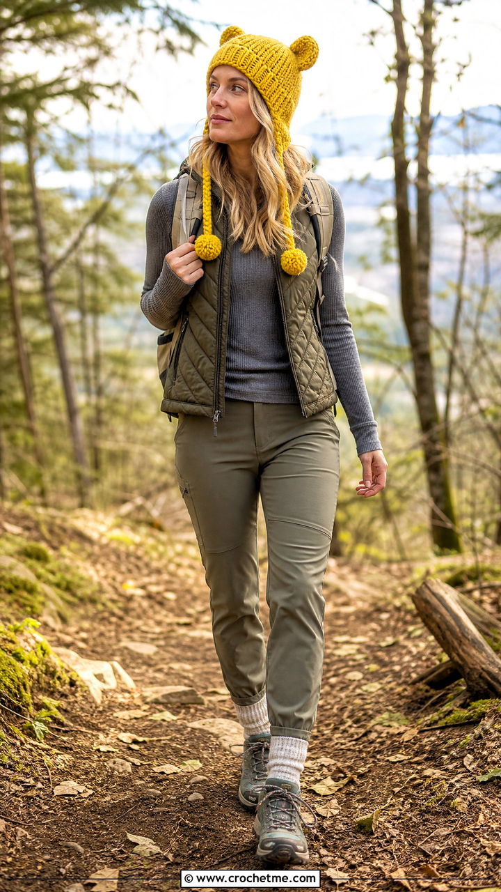 Pom Tie Finn Hat With Quilted Vest And Hiking Pants - 35 crochet finn hat outfit ideas