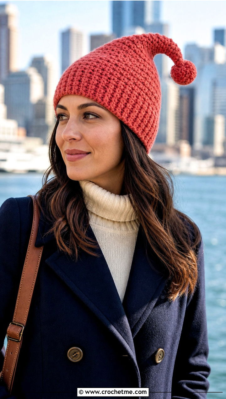 Pom Tip Crochet Pointed Hat With Peacoat - 25 Crochet Pointed Hat outfit ideas