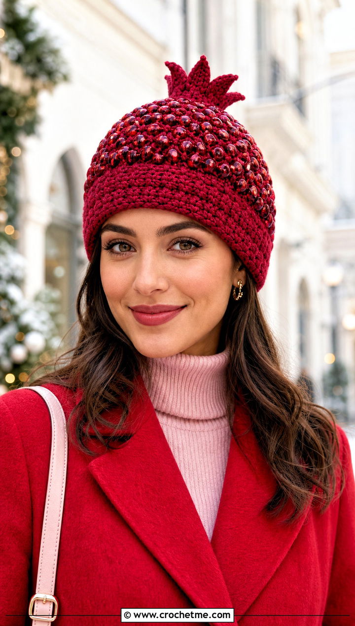 Pomegranate Crochet Beanie With Red Coat - 30 crochet fruit beanie outfit ideas