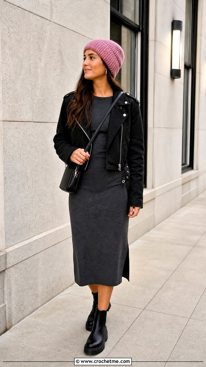 Pomless Crochet Beanie With Moto Jacket And Midi Dress - 35 crochet beanie hat outfit ideas