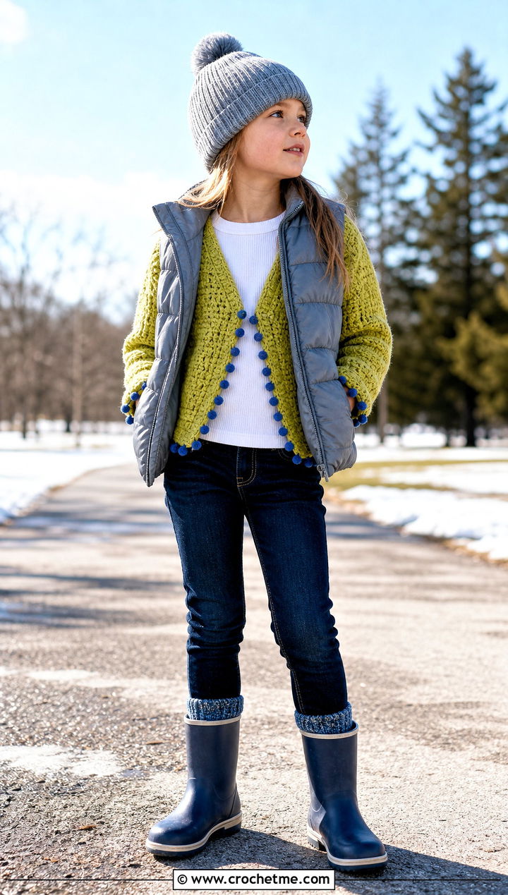 Pompom Trim Childs Hexagon Cardigan With Puffer Vest - 15 Crochet Childs Hexagon Cardigan outfit ideas