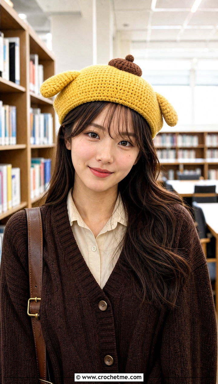 Pompompurin Beret Beanie With Pleated Skirt - 25 sanrio crochet beanie outfit ideas