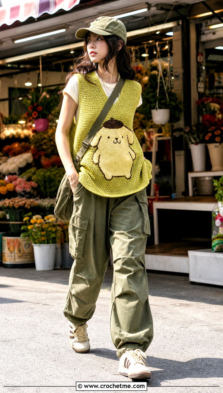 Pompompurin Oversized Crochet Vest With Cargo Pants - 25 Sanrio Crochet Clothes and outfit ideas
