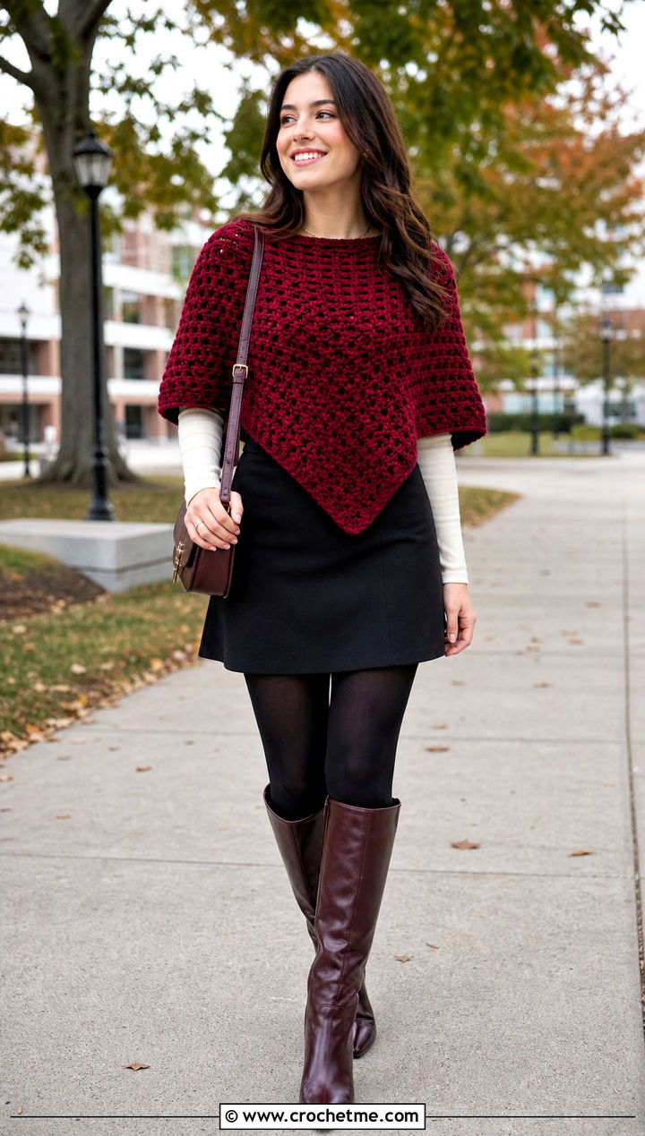 Ponchini Crochet Poncho With Mini Skirt And Boots - 25 Easy Simple Crochet Poncho outfit ideas