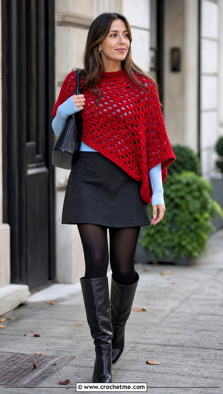 Ponchini Mesh Crochet Poncho With Mini Skirt - 25 Mesh Crochet Poncho outfit ideas