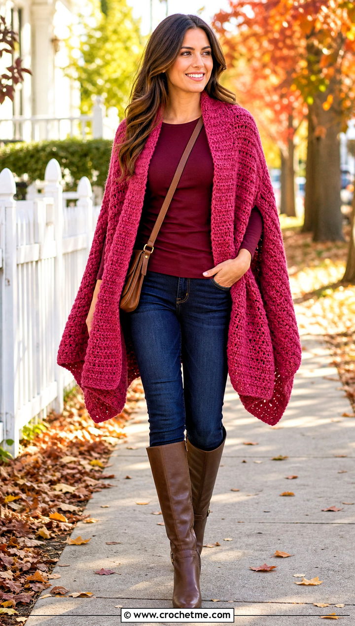 Poncho Cardigan Crochet Sweater Blanket With Skinny Jeans - 25 crochet sweater blanket outfit ideas