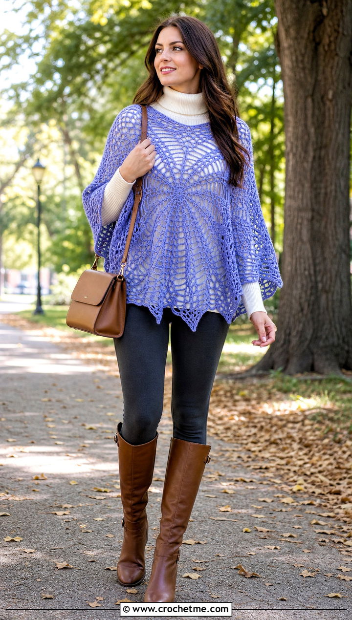 Poncho Cobweb Top With Leggings And Tall Boots - 25 Crochet Cobweb Top outfit ideas
