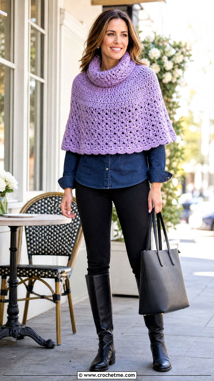 Poncho Crochet Cowl With Denim Shirt - 35 crochet cowls outfit ideas
