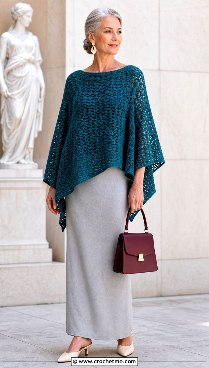 Poncho Crochet Flowy Top With Column Maxi Skirt - 15 crochet flowy top outfit ideas