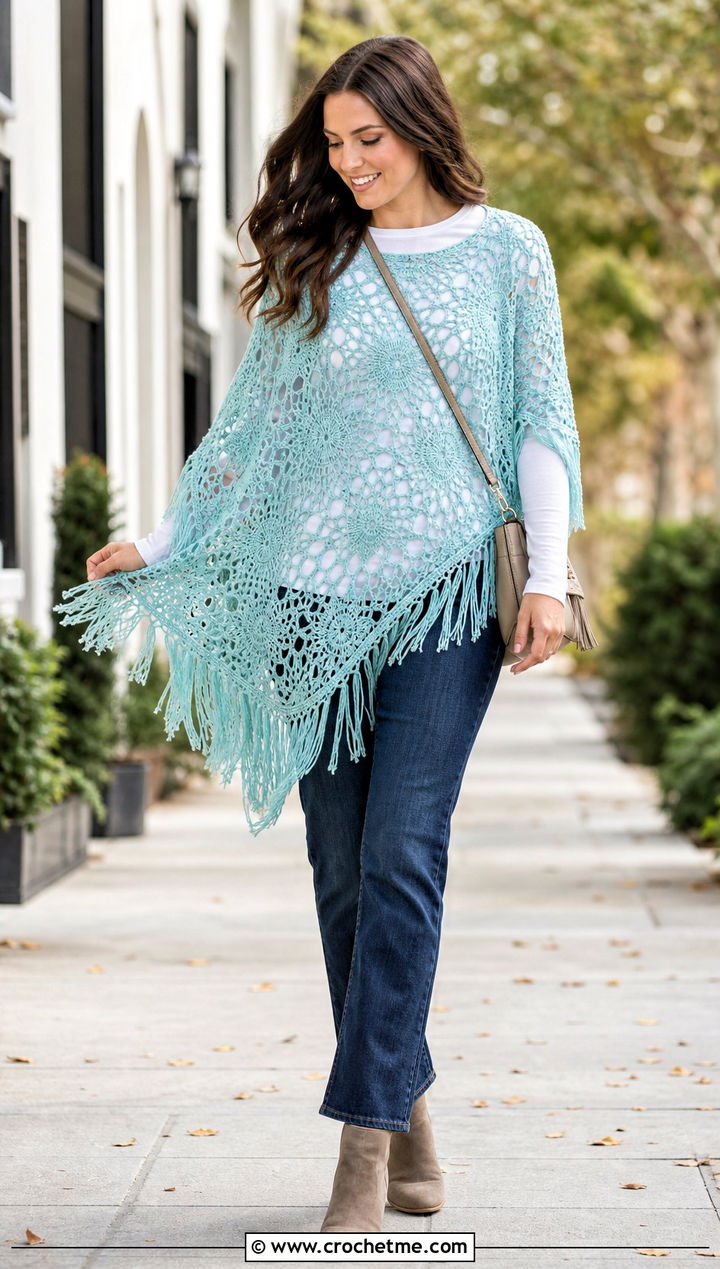 Poncho Crochet Lace Top With Slim Jeans - 15 Crochet Lace Top With Tassels outfit ideas