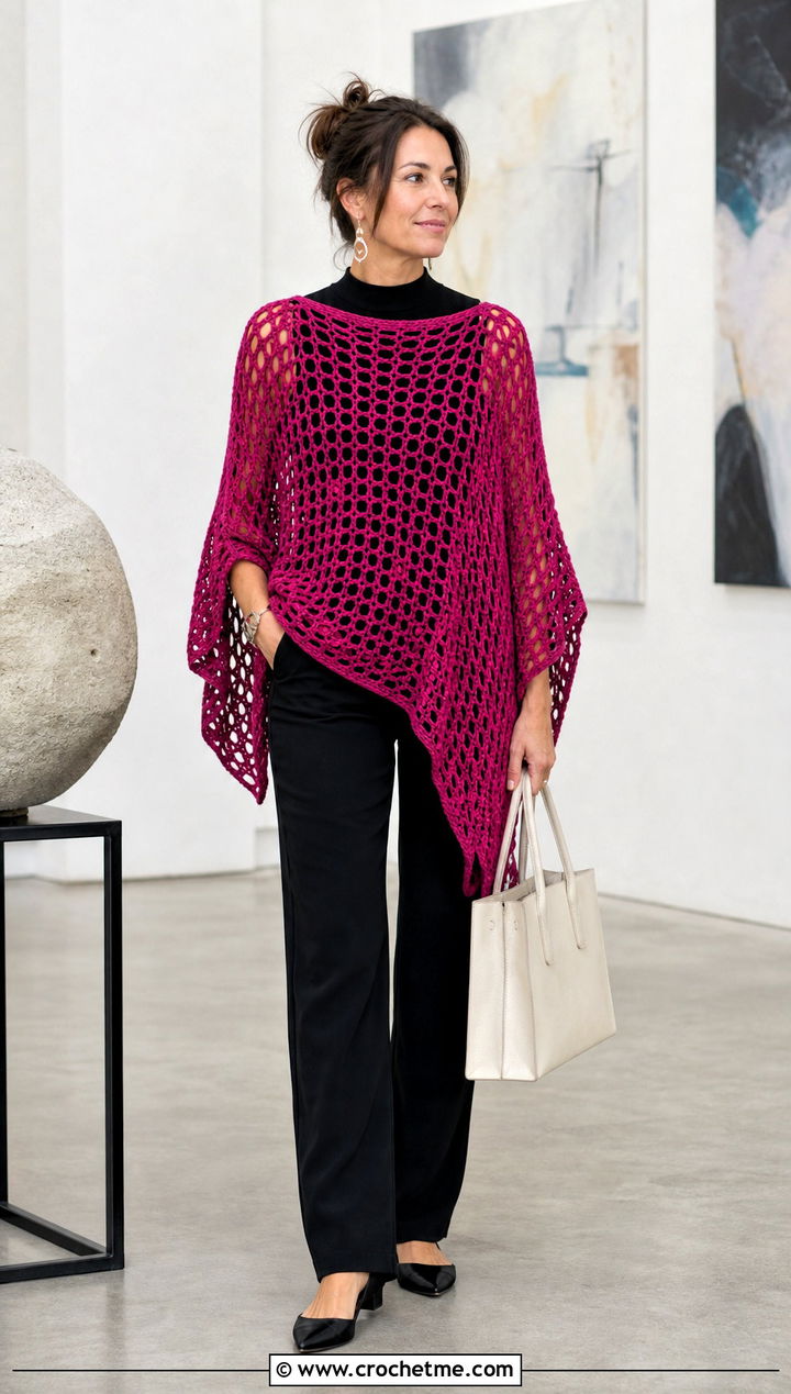 Poncho Crochet Mesh Top With Slim Trousers - 25 Cute Crochet Mesh Top outfit ideas