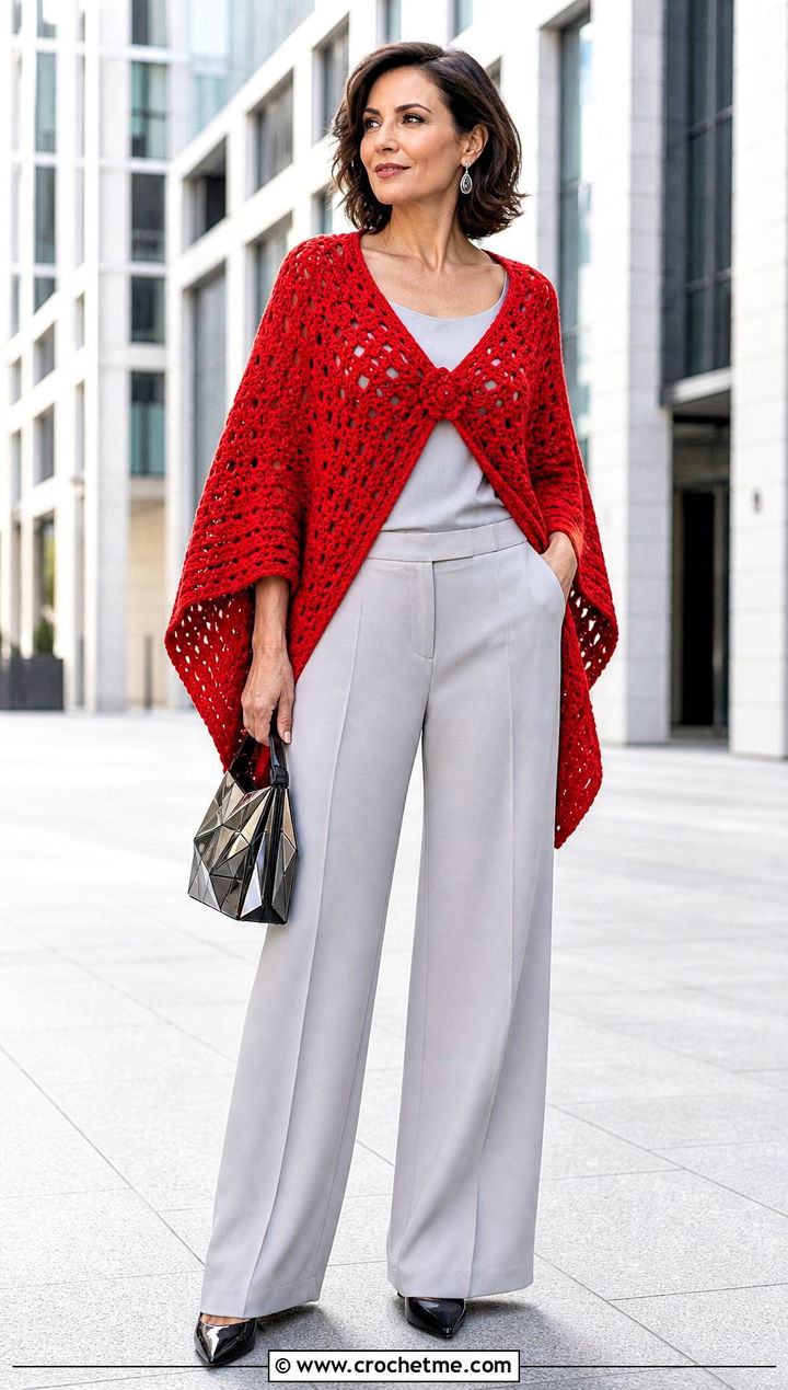 Poncho Crochet Shawl With Sleeves And Wide Leg Suit - 35 crochet shawl with sleeves outfit ideas