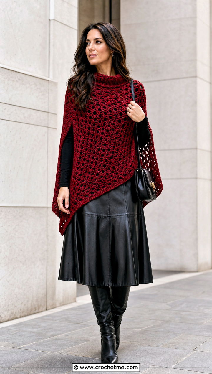 Poncho Crochet Sweater Shawl With Faux Leather Skirt - 25 crochet sweater shawl outfit ideas