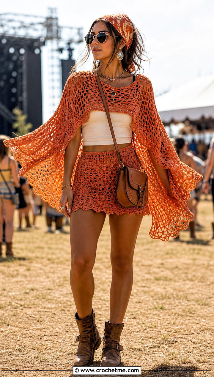 Poncho Crochet Top And Mini Skirt Set - 25 festival crochet two piece outfit ideas