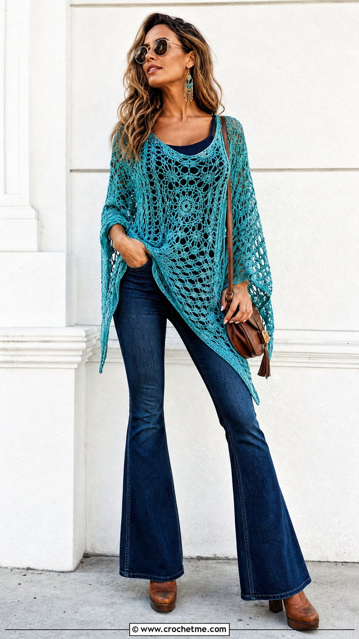 Poncho Crochet Tunic With Flared Jeans - 35 crochet tunic outfit ideas