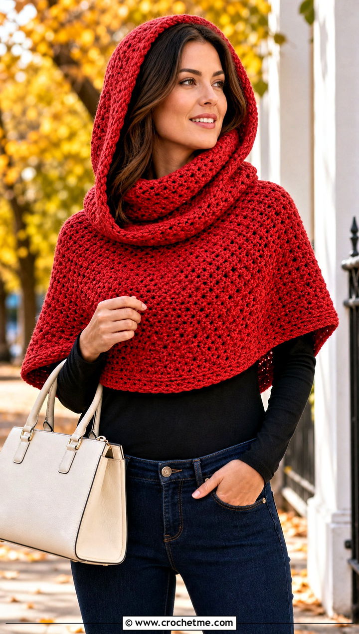 Poncho Hooded Crochet Cowl Snood With Slim Jeans - 25 hooded crochet cowl snood outfit ideas