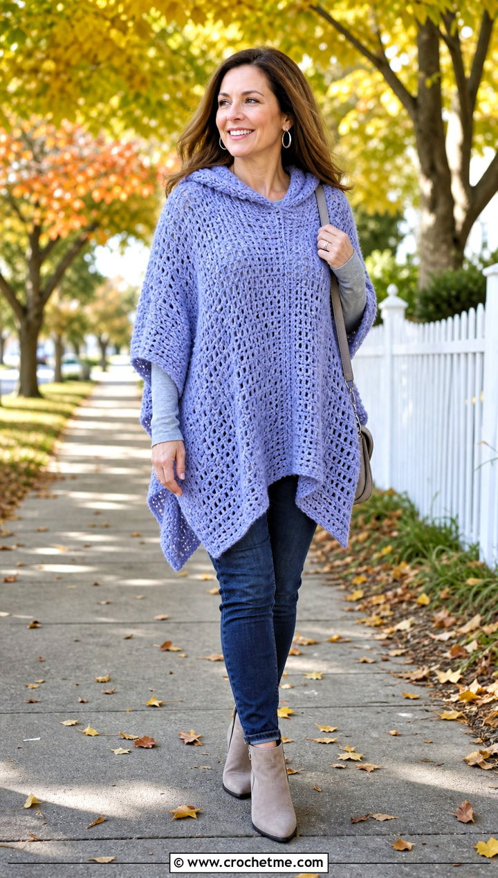 Poncho Hooded Crochet Sweater With Slim Jeans - 25 Hooded Crochet Sweater outfit ideas