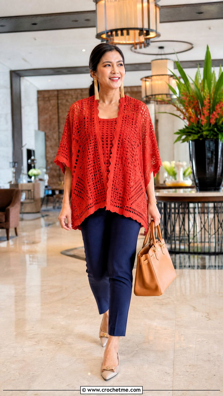 Poncho Kimona Crochet Filipiniana Top With Slim Pants - 35 crochet filipiniana top outfit ideas