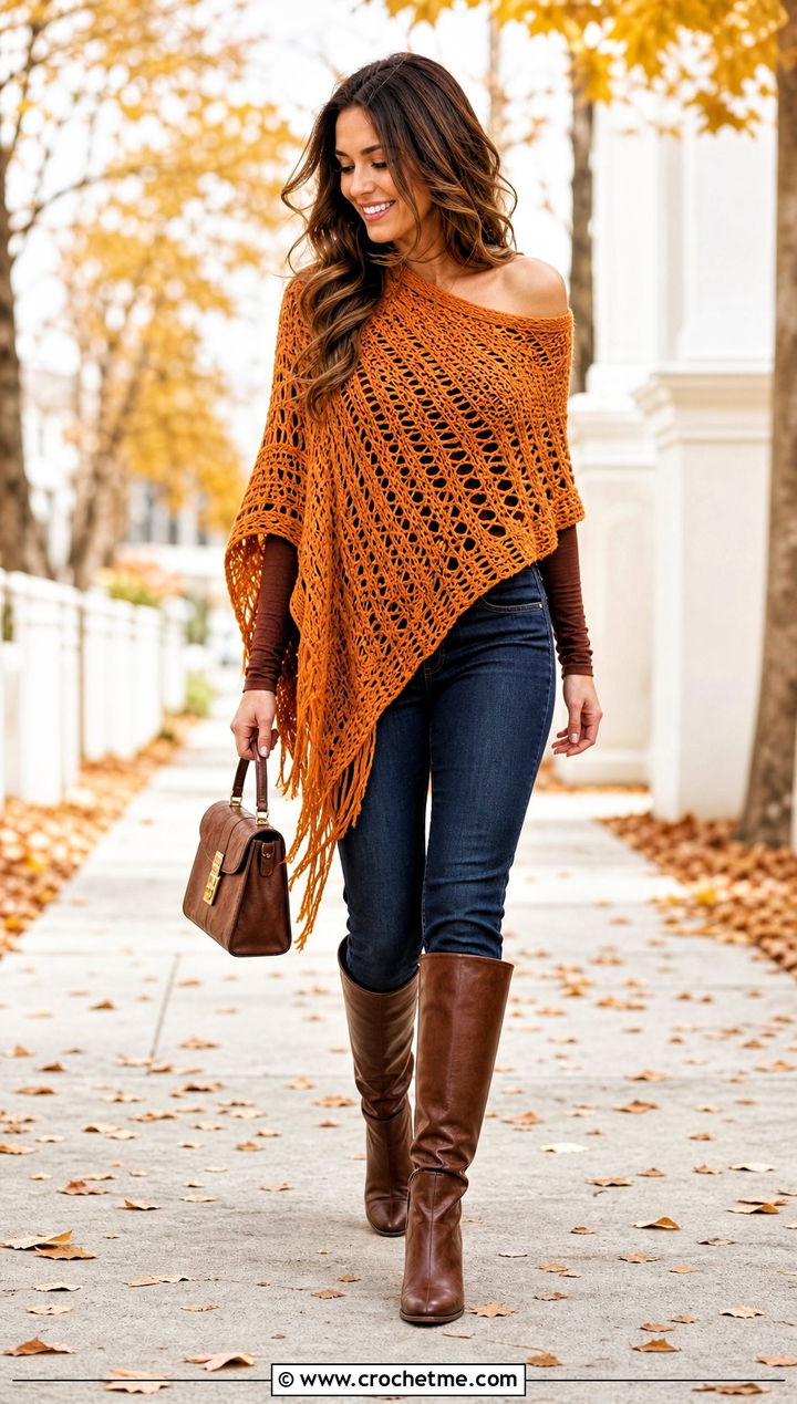 Poncho Off The Shoulder Crochet Sweater With Skinny Jeans - 30 off the shoulder crochet sweater outfit ideas