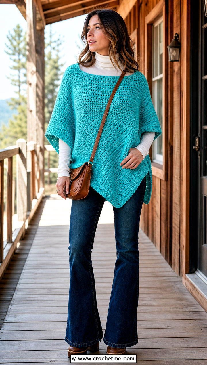 Poncho Sofa Crochet Sweater With Flare Jeans - 15 sofa crochet sweater outfit ideas