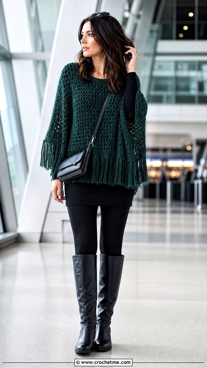 Poncho Style Crochet Fringe Top With Leggings - 35 Crochet Fringe Top outfit ideas