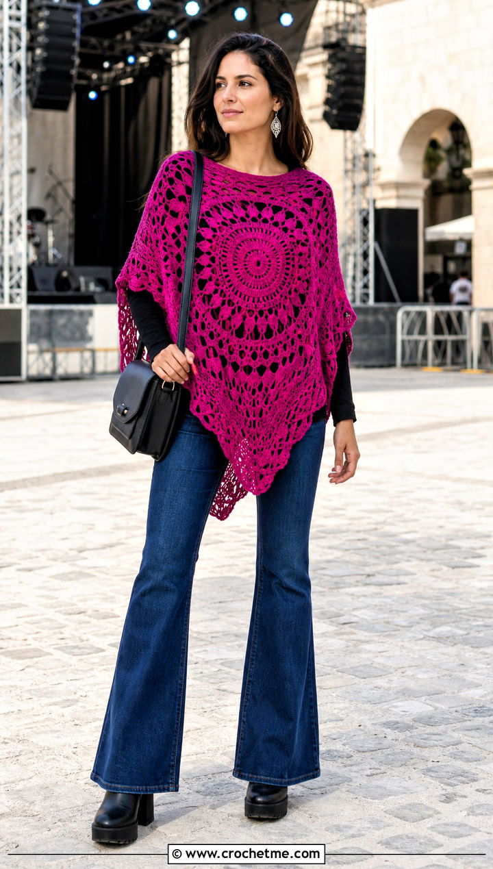 Poncho Style Crochet Mandala Shawl With Flared Jeans - 25 Crochet Mandala Shawl outfit ideas