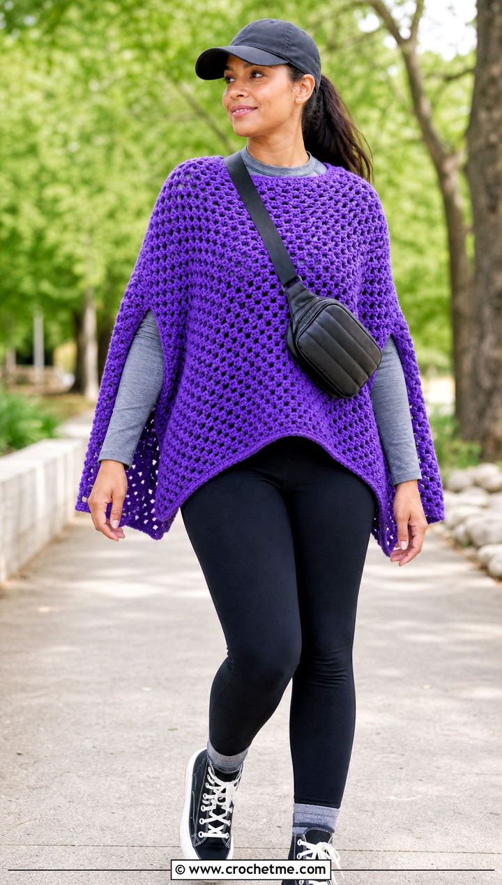 Poncho Style Crochet Shawl With Leggings - 25 Fall Crochet Shawl outfit ideas