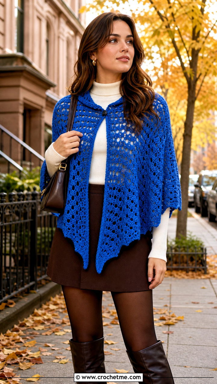 Poncho Style Crochet Shawl With Mini Skirt And Boots - 15 Never Ending Crochet Shawl outfit ideas