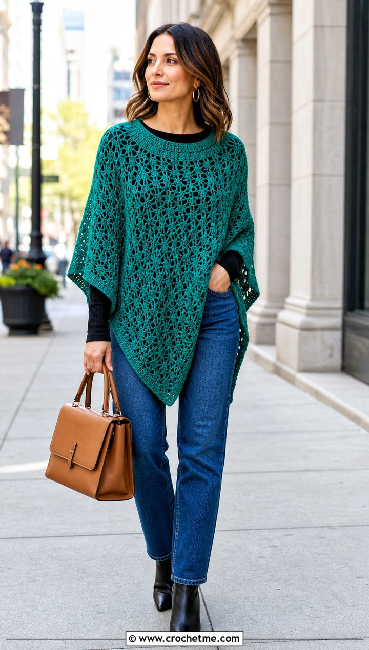 Poncho Style Crochet Shawl With Straight Leg Jeans - 30 boho crochet shawl outfit ideas