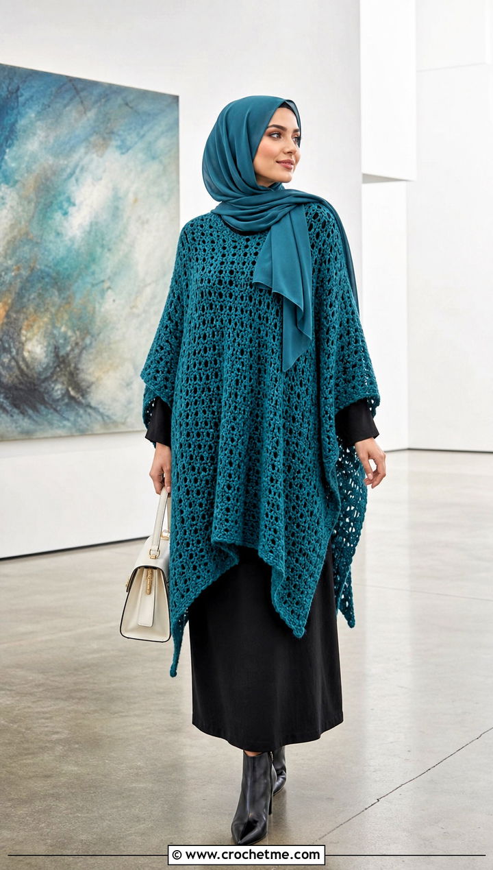 Poncho Style Crochet Top With Column Maxi Dress - 20 crochet top hijabi outfit ideas
