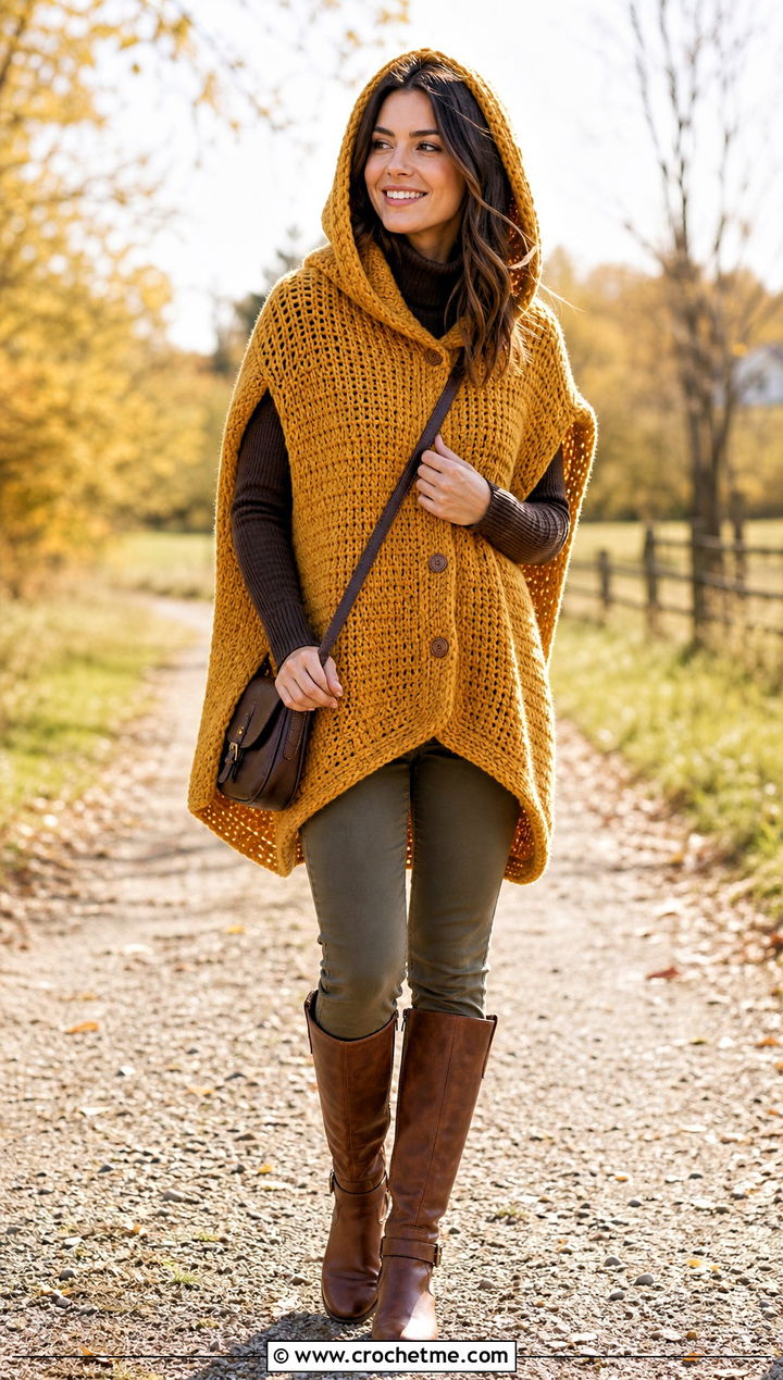 Poncho Style Crochet Vest With Hood And Riding Boots - 30 crochet vest with hood outfit ideas