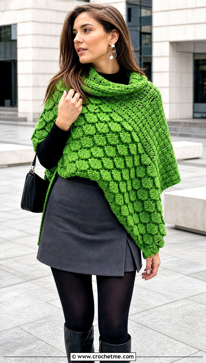 Poncho Style Crocodile Stitch Shawl With Mini Skirt - 15 crocodile stitch crochet shawl outfit ideas