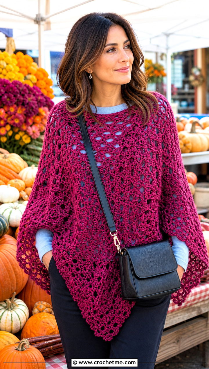 Poncho Style Lace Crochet Shawl With Straight Leg Pants - 25 Lace Crochet Shawl outfit ideas