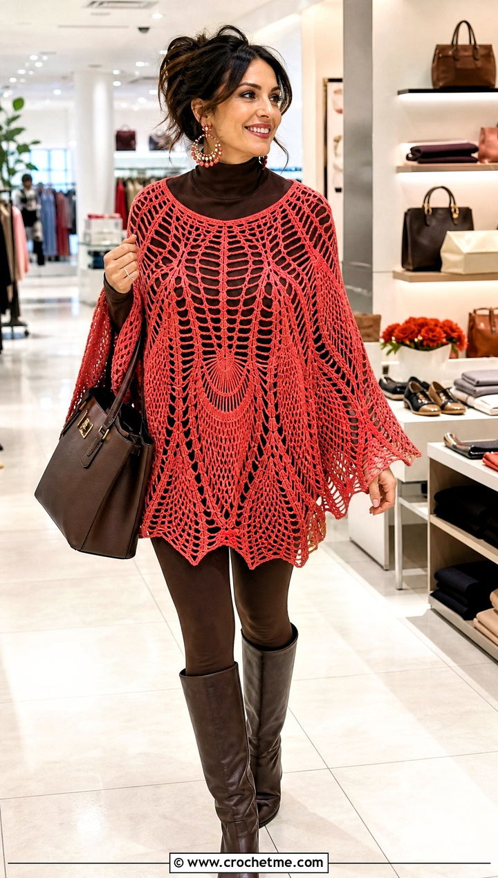 Poncho Style Spiderweb Crochet Shawl With Leggings - 30 spiderweb crochet shawl outfit ideas