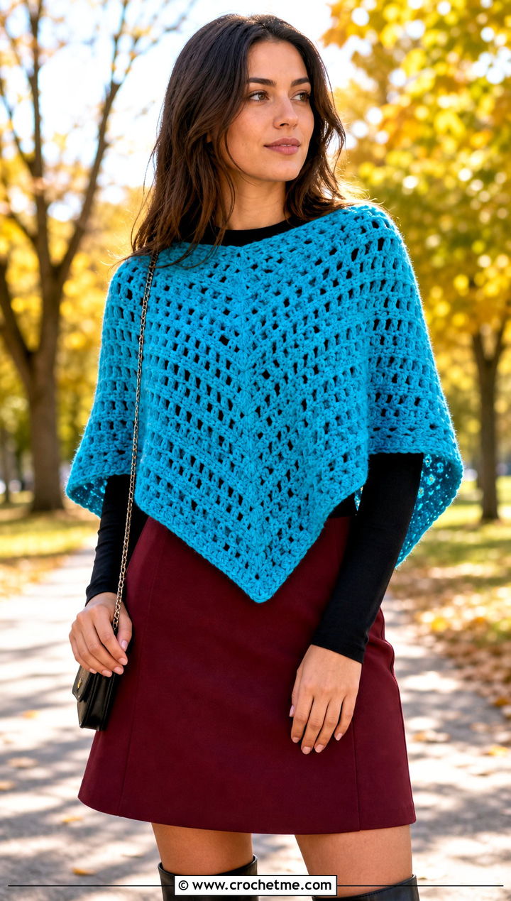 Poncho Style V Stitch Crochet Shawl With Mini Skirt - 25 V Stitch Crochet Shawl outfit ideas