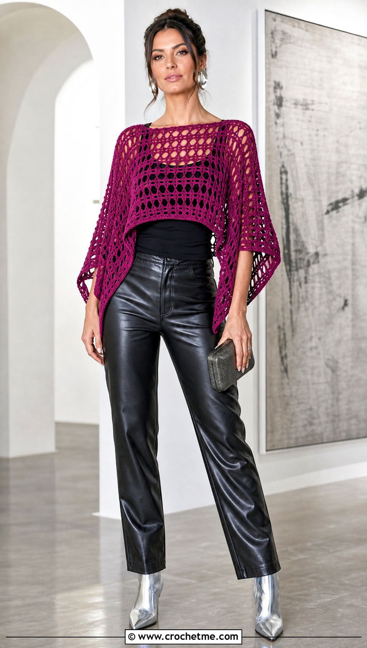 Poncho Top Lightweight Crochet Poncho With Leather Pants - 15 Lightweight Crochet Poncho outfit ideas